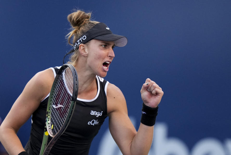 Brazil's Beatriz Haddad Maia reacts after scoring a point against Karolina Pliskova, of the Czech Republic, during the semifinals of the National Bank Open tennis tournament Saturday, Aug. 13, 2022, in Toronto. (Nathan Denette/The Canadian Press via AP)