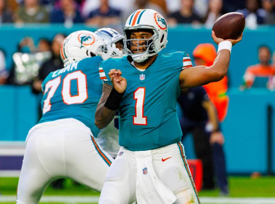 Miami Dolphins quarterback Tua Tagovailoa (1) is in line for a contract extension. (Getty Images)