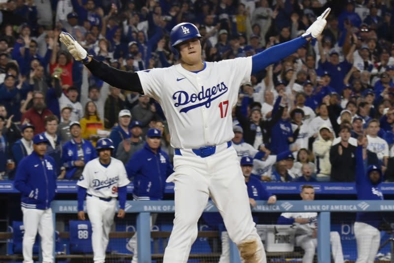 Los Angeles Dodgers designated hitter Shohei Ohtani went 2 for 4 with an RBI, walk and run scored in a win over the Arizona Diamondbacks on Monday in Phoenix. File Photo by Jim Ruymen/UPI