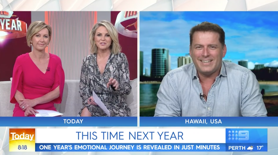 This Time Next Year Karl Stefanovic returned to the Today show on Tuesday morning as he's interviewed by Deborah Knight and Georgie Gardner on the Channel Nine breakfast show