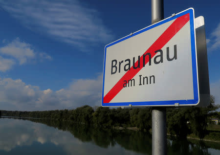 FILE PHOTO: The sign of Braunau am Inn, the city Hitler was born, is pictured on a bridge, Austria, October 22, 2016. REUTERS/Leonhard Foeger