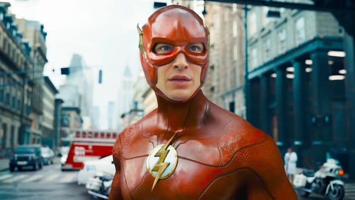 Barry Allen in the Flash suit looking to the distance in The Flash.