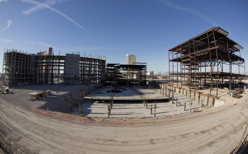 FILE - This March 2, 2013 file photo shows the stalled Echelon construction site in Las Vegas. In a Wednesday, May 7, 2014 licensing hearing before gambling regulators, Malaysian conglomerate Genting Group unveiled new details about its planned Resorts World development at the less-trafficked north end of the Strip. (AP Photo/Julie Jacobson, File)