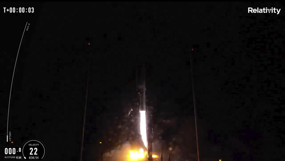 In this frame grab from livestreamed video provided by Relativity Space, Terran 1 launches from Cape Canaveral, Fla., late Wednesday, March 22, 2023. The rocket is made almost entirely of 3D-printed parts. (Relativity Space via AP)