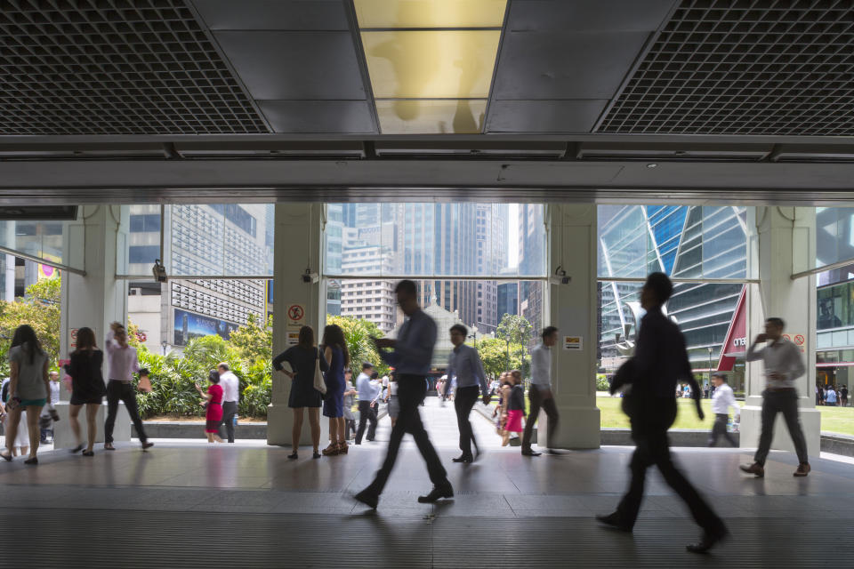 The entrance to Raffles Place MRT station in Singapore's financial district.