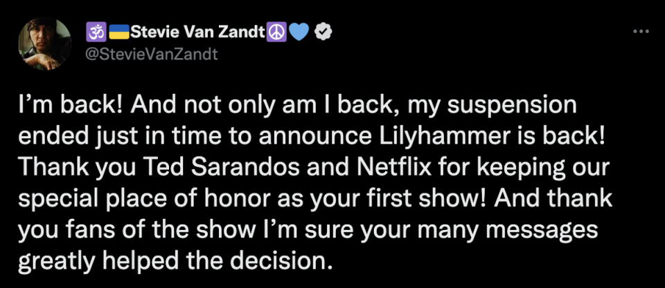 Steven Van Zandt reveals ‘Lilyhammer’ is remaining on Netflix (Twitter)