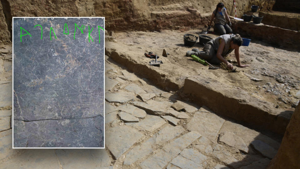 Researchers discovered on the slab "what appears to be a sequence of 21 signs drawn within the framework of the tablet on which figures were also found of warriors."<p>Spanish National Research Council (CSIC) / Getty Images</p>