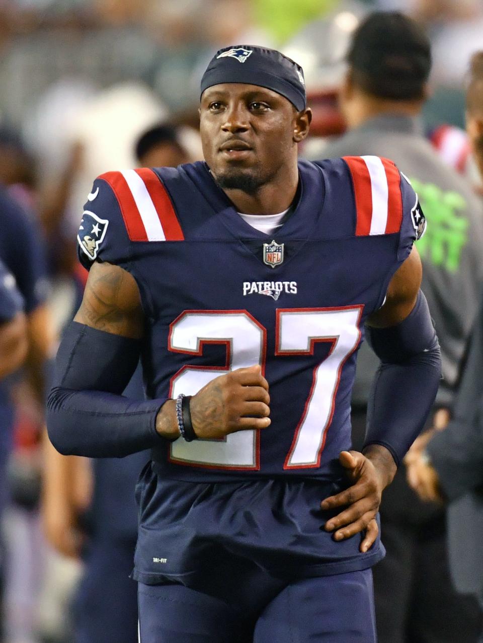 New England Patriots defensive back J.C. Jackson plays against the Philadelphia Eagles at Lincoln Financial Field on Aug. 19, 2021.