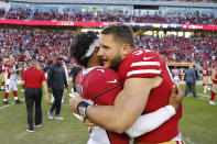 Arizona Cardinals quarterback Kyler Murray, left, greets San Francisco 49ers defensive end Nick Bosa after an NFL football game in Santa Clara, Calif., Sunday, Nov. 17, 2019. (AP Photo/John Hefti)