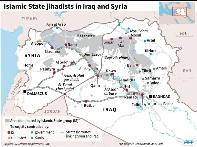 Map of Syria and Iraq, showing areas controlled by Islamic State jihadists