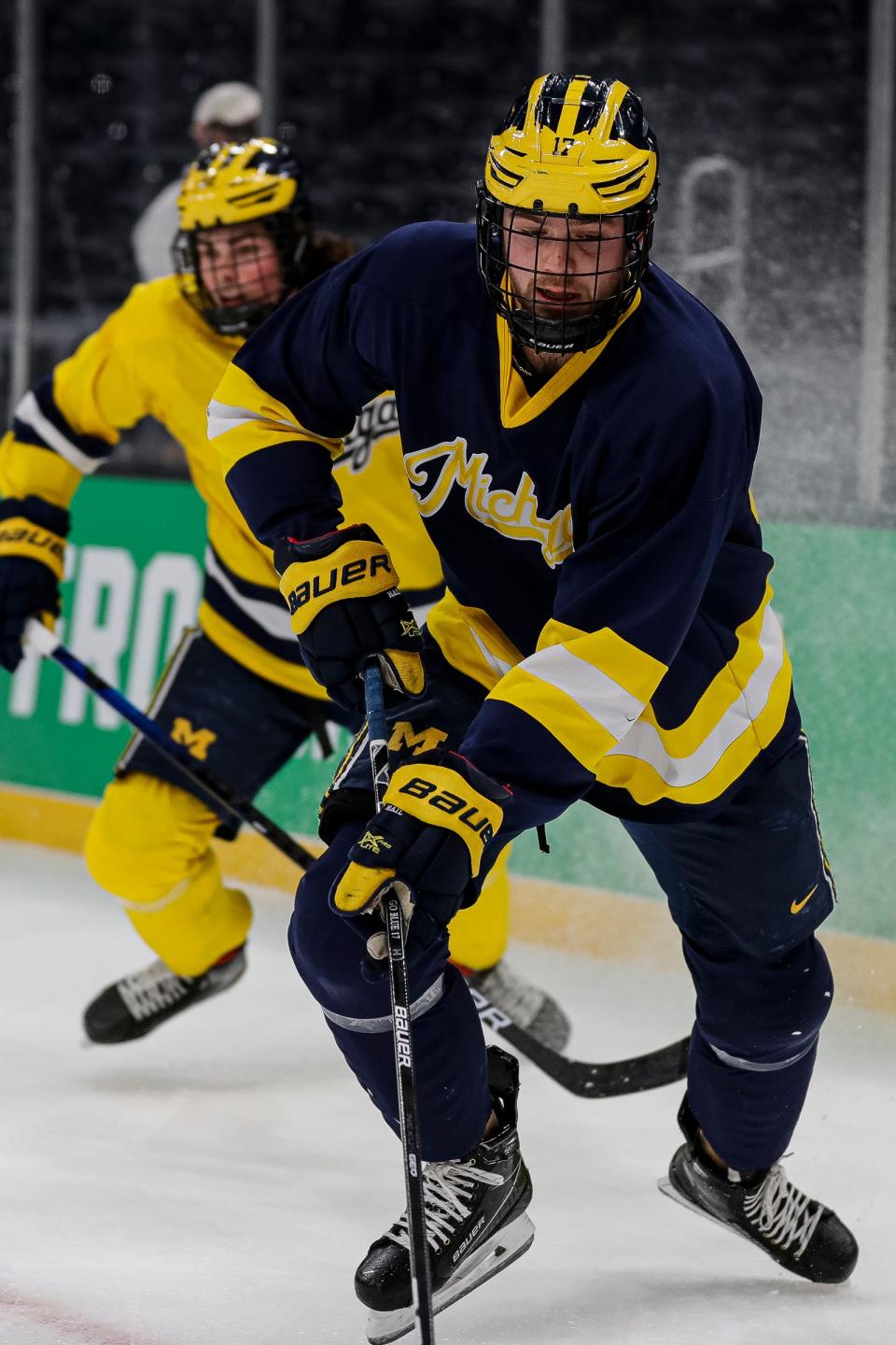 Michigan forward Johnny Beecher (17) during a practice as the Wolverines prepare for a Frozen Four matchup against Denver at TD Garden in Boston on Wednesday, April 6, 2022.