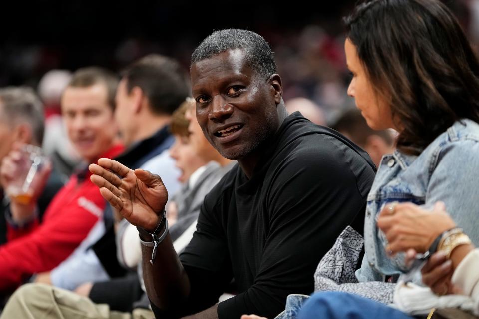 Feb 1, 2024; Columbus, Ohio, USA; Former Ohio State wide receiver Joey Galloway watches the Buckeyes take on the Illinois Fighting Illini during the second half of the NCAA men’s basketball game at Value City Arena. Ohio State lost 87-75.