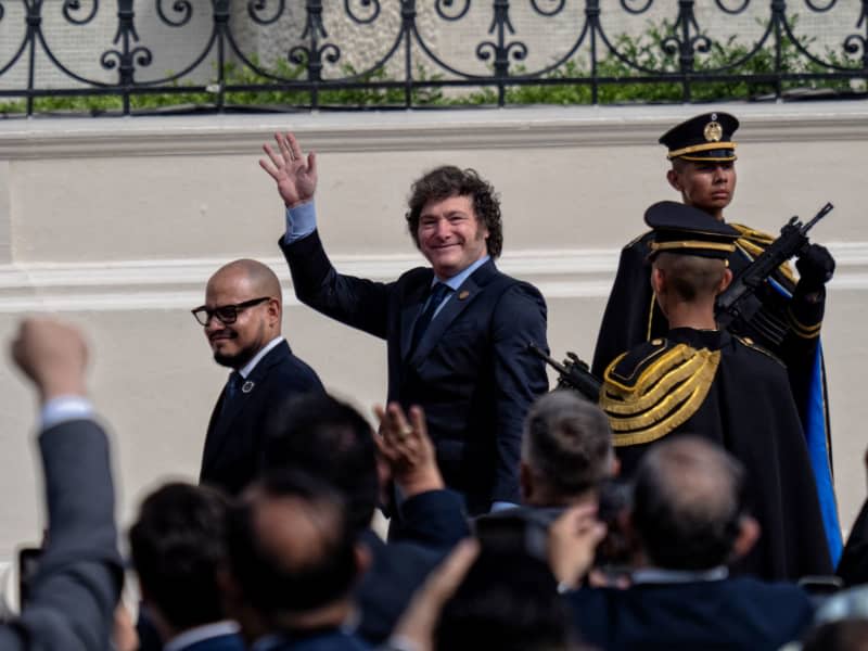 Javier Milei (C), President of Argentina, arrives to attend the inauguration of El Salvador's President Nayib Bukele in San Salvador.  Bukele was sworn in for his second consecutive term as president of El Salvador.  Juan Carlos/dpa