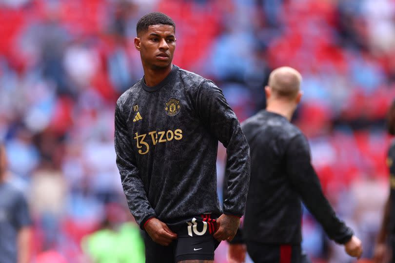 Manchester United's Marcus Rashford warming up ahead of  the Emirates FA Cup Final match between Manchester City and Manchester United at Wembley Stadium on May 25, 2024