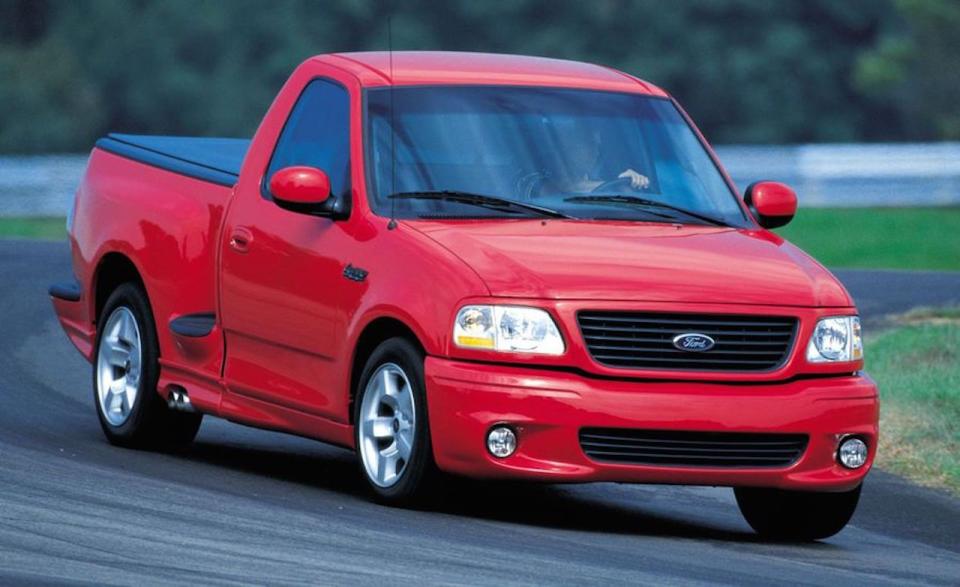 <p>Although the SVT Lightning returns for the 1999 model year, it really makes its bones in 2001. Offering 380 horsepower and 450 lb-ft of twist, it is the most powerful production passenger vehicle sold in the United States (at the time). <a href="https://www.caranddriver.com/reviews/a15151572/2001-ford-svt-f-150-lighning-instrumented-test/" rel="nofollow noopener" target="_blank" data-ylk="slk:C/D testing;elm:context_link;itc:0;sec:content-canvas" class="link "><em>C/D</em> testing</a> reveals the Lightning can reach 60 mph in 5.2 seconds on its way to a 142-mph top speed, making it one of the <a href="https://www.caranddriver.com/features/g23603018/quickest-pickup-trucks-ever-tested/" rel="nofollow noopener" target="_blank" data-ylk="slk:quickest trucks we've ever tested;elm:context_link;itc:0;sec:content-canvas" class="link ">quickest trucks we've ever tested</a>. The truck starts at $32,460.</p>