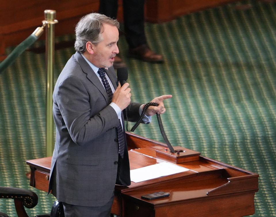 Sen. Bryan Hughes, R-Mineola, talks about SB1, the property tax bill, in the Senate on the first day of the first special session at the Capitol on May 30.