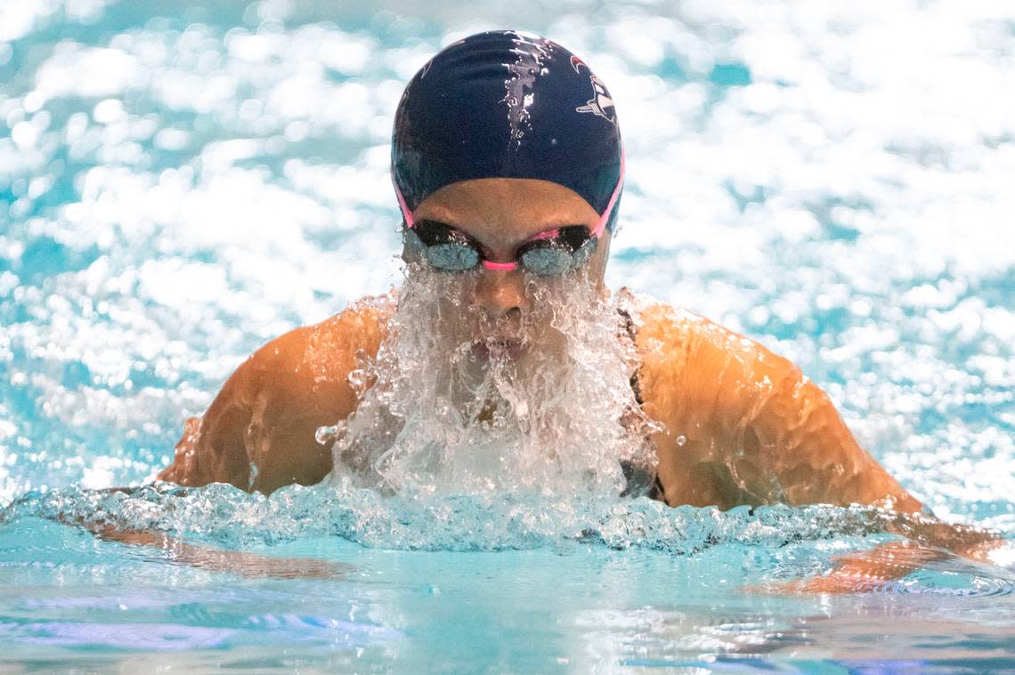 Kennedy Catholic’s Kaitlyn Vu competes in the 100-yard breaststroke at the State 4A Swimming and Diving finals on Saturday, Nov. 12, 2022, at the King County Aquatic Center in Federal Way, Wash. Vu finished in fourth place with a time of 30.65 seconds.