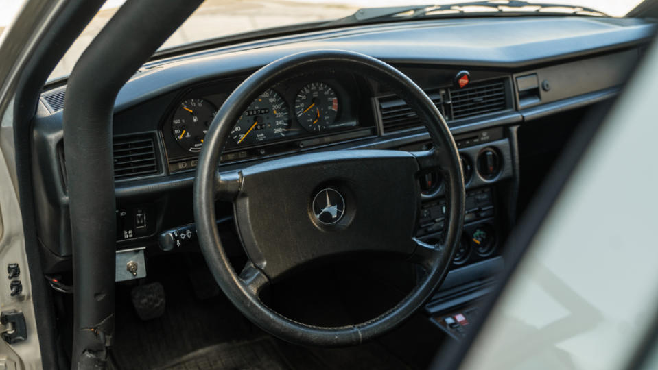 The interior of the 1984 Mercedes-Benz 190E 2.3-16 driven by Niki Lauda in the Nürburgring Race of Champions.