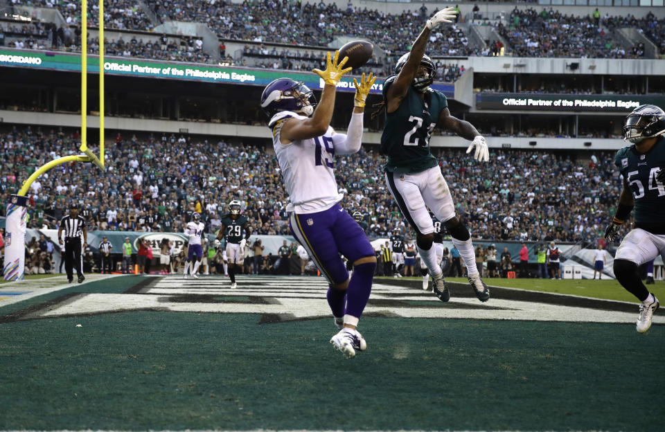 Adam Thielen had a historical performance in Week 5 against the Philadelphia Eagles. (AP Photo/Matt Rourke)