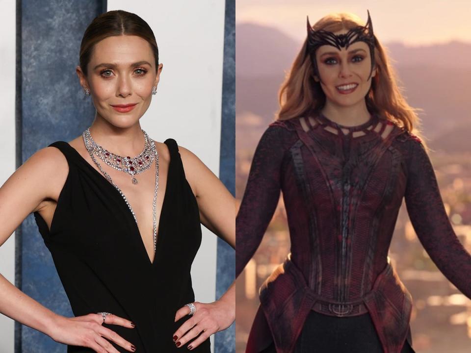 Elizabeth Olsen at the Vanity Fair Oscars party and as Scarlet Witch in "Doctor Strange in the Multiverse of Madness."
