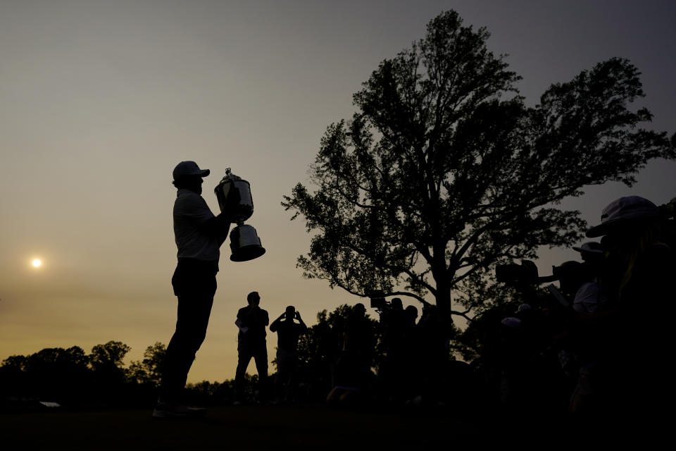 Brooks Koepka holds the Wanamaker trophy after winning the PGA Championship golf tournament at Oak Hill Country Club on Sunday, May 21, 2023, in Pittsford, N.Y. (AP Photo/Eric Gay)