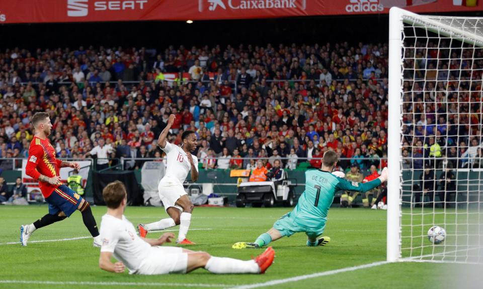 <span>Raheem Sterling scores England’s third goal past David de Gea in 2018.</span><span>Photograph: Carl Recine/Action Images/Reuters</span>