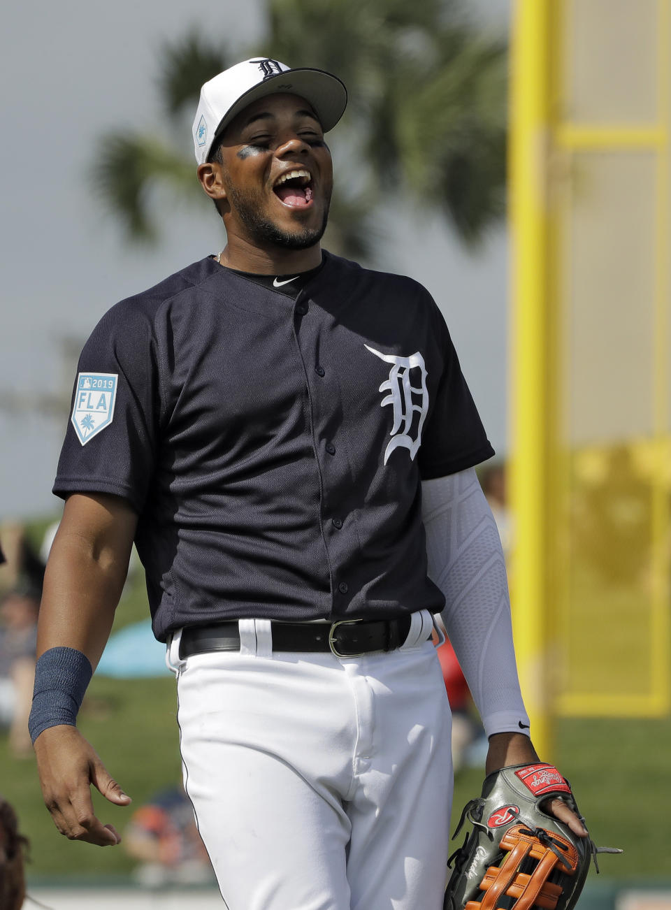 Detroit Tigers third baseman Jeimer Candelario laughs as he talks to first baseman Miguel Cabrera during the fourth inning of a spring training baseball game against the St. Louis Cardinals Monday, March 4, 2019, in Lakeland, Fla. (AP Photo/Chris O'Meara)