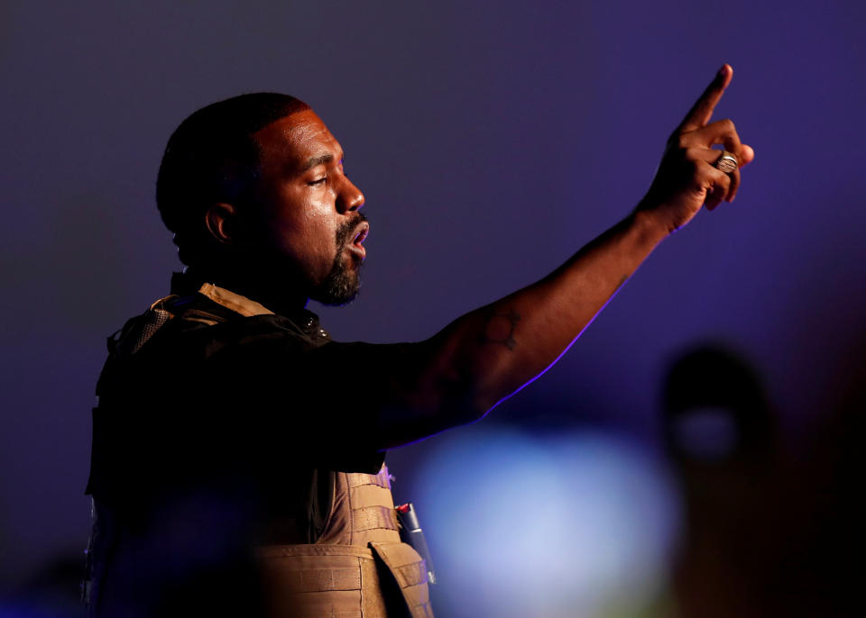 Rapper Kanye West makes a point as he holds his first rally in support of his presidential bid in North Charleston, South Carolina, July 19, 2020. REUTERS/Randall Hill