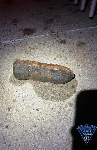 <p>Massachusetts State Police</p> A deteriorated military projectile was found in Massachusetts' Charles River on March 1, 2024