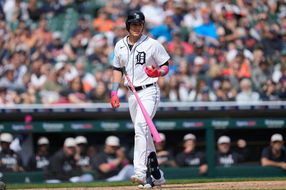 Detroit Tigers' Nick Maton flips his bat after being hit by a Seattle Mariners relief pitcher Matt Brash pitch in the seventh inning at Comerica Park in Detroit on Sunday, May 14, 2023, in Detroit.