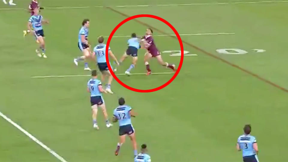 Pictured here, the Nathan Cleary tackle that could land the NSW half in trouble.