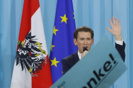 Top candidate of the People's Party (OeVP) Sebastian Kurz attends his party's victory celebration meeting in Vienna, Austria, October 15, 2017. REUTERS/Leonhard Foeger