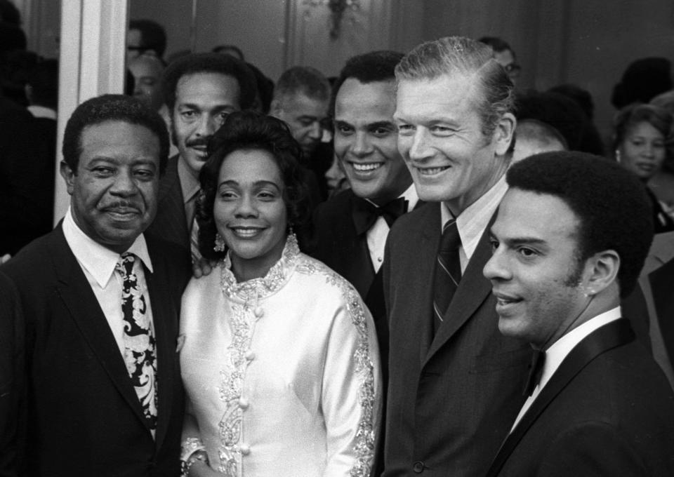 Social activist Coretta Scott King, singer Harry Belafonte and New York City Mayor John Lindsay attending 'Andrew Young For Congress Support Committee Dinner Dance' on June 10, 1970 at the Pierre Hotel in New York City, New York. (Photo by Ron Galella/WireImage)