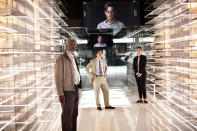 This image released by Warner Bros. Pictures shows Morgan Freeman, from left, Cillian Murphy, and Rebecca Hall in a scene from "Transcendence." (AP Photo/Warner Bros. Pictures, Peter Mountain)