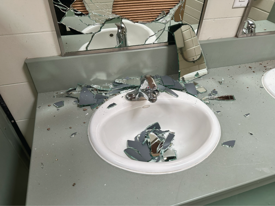 Toilets, mirrors, sinks, and a urinal were destroyed.