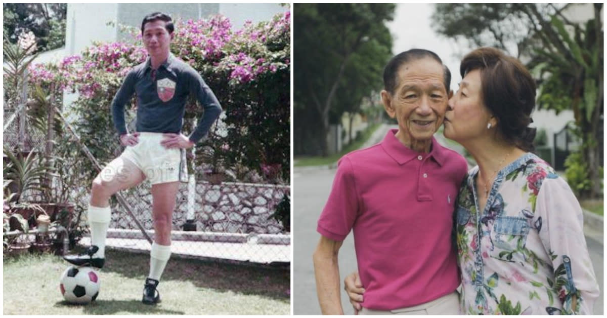 Singapore football great Chia Boon Leong in a China Olympic football team jersey (left), and with his wife Lily. (PHOTOS: National Archives of Singapore/Singapore National Olympic Council)