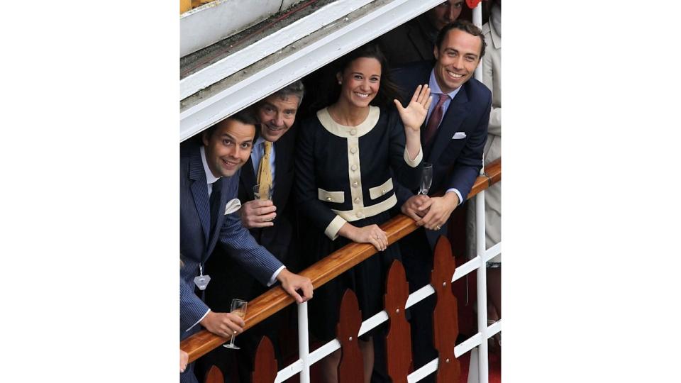 Michael, Pippa and James Middleton wave  during the Diamond Jubilee Thames River Pagean