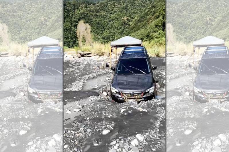 露營客遭暴漲的溪水沖走，目前仍未尋獲女童父親。（南投縣消防局提供）