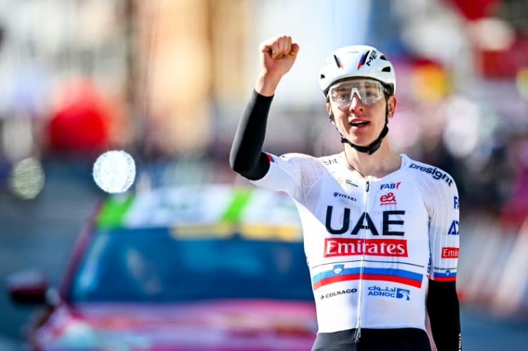 Le Slovène Tadej Pogacar a remporté en solitaire la classique Liège-Bastogne-Liège le 21 avril 2024 (ERIC LALMAND)