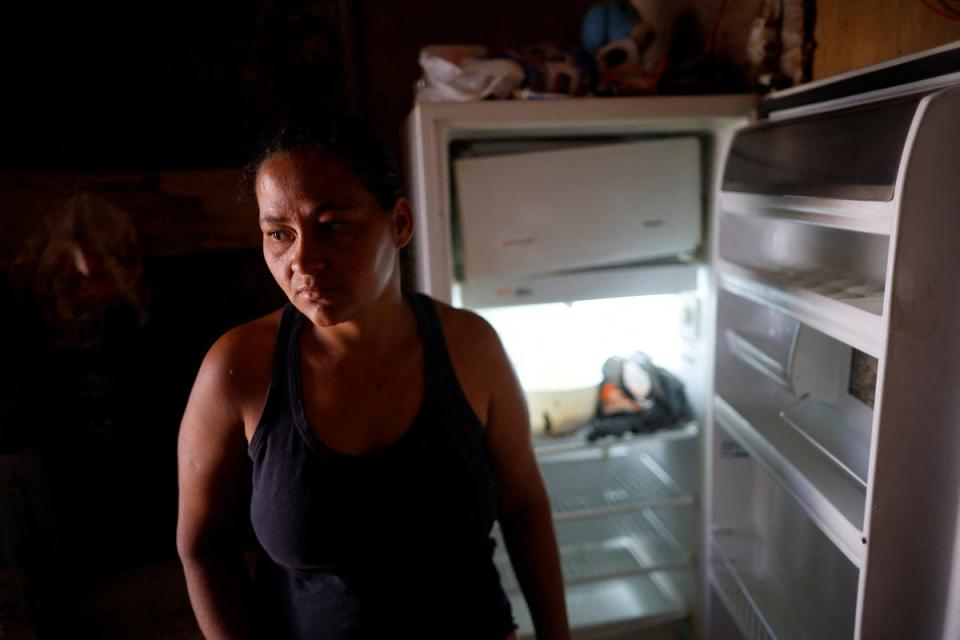 Luciana Messias dos Santos, 29, poses for a picture in front of her empty fridge at her home in the Estrutural favela in Brasilia (Reuters)