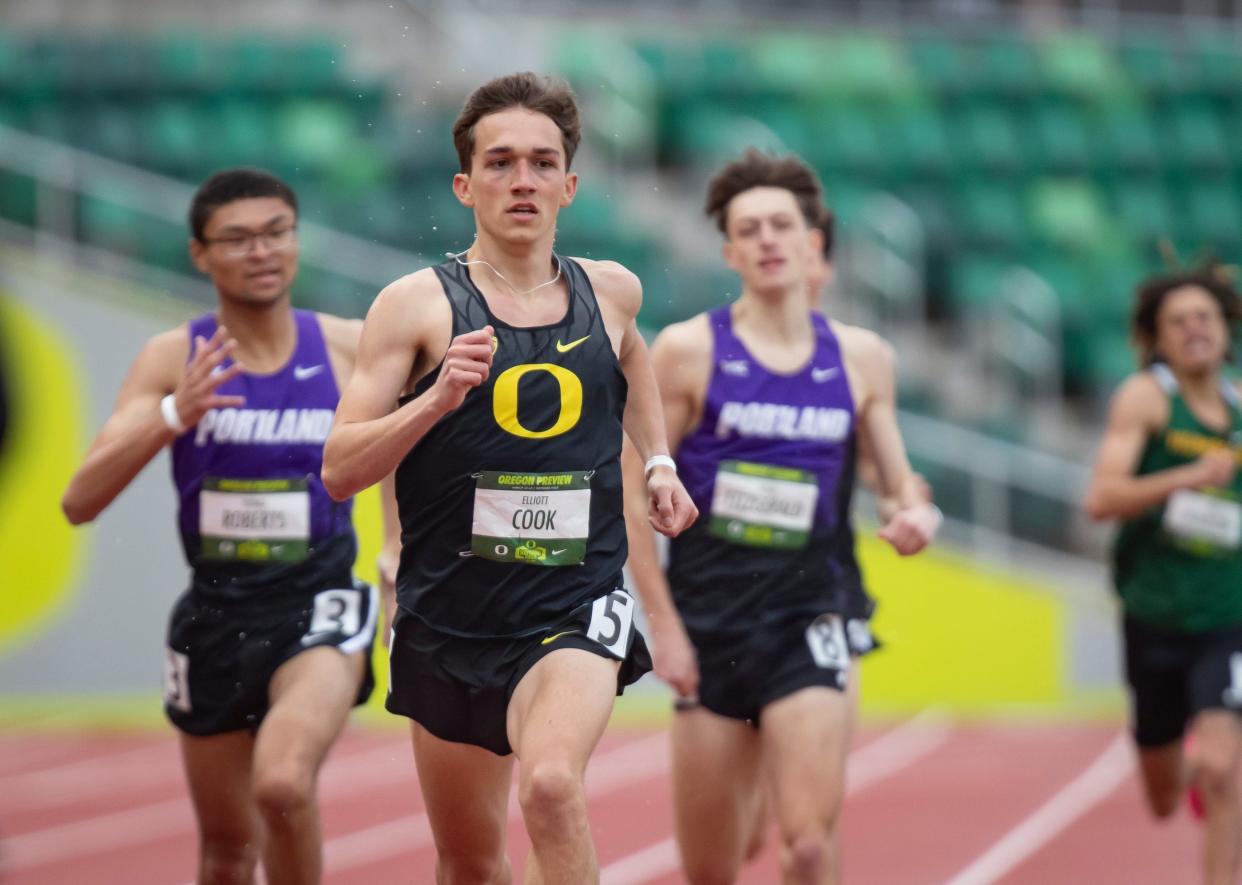 Oregon’s Elliott Cook wins the men’s 800 meters at the Oregon Preview Saturday, March 23, 2024, at Hayward Field in Eugene, Ore.