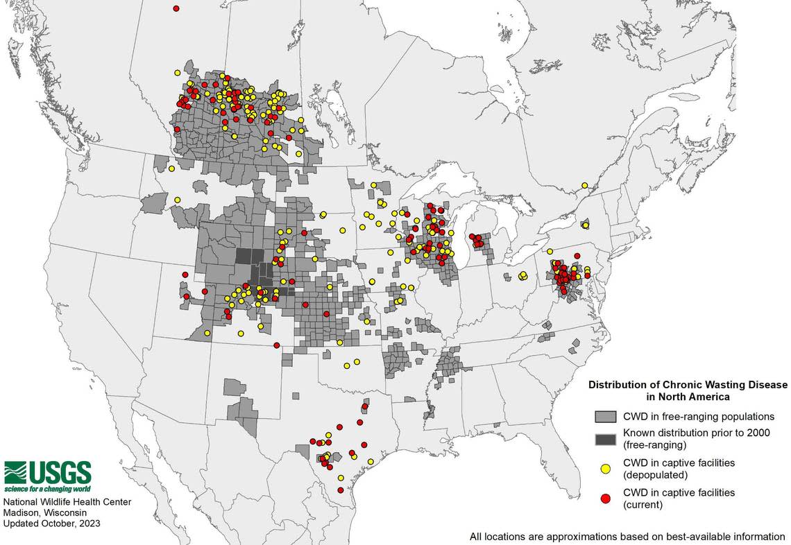 A map shows distribution of chronic wasting disease among wild and captive animal populations in North America as of October 2023. On May 7, 2024, officials from the California Department of Fish and Wildlife announced the detection of the disease in deer for the first time.