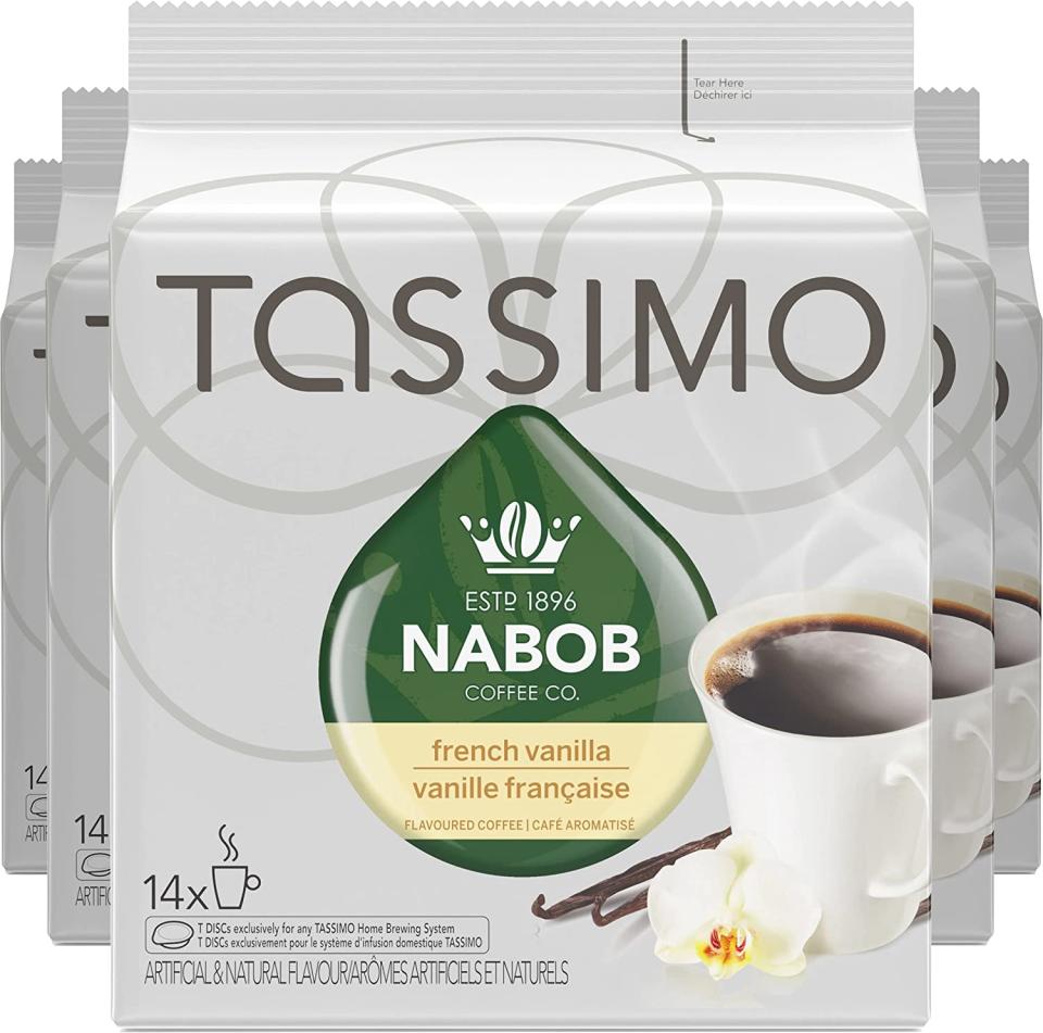 Tassimo Nabob French Vanilla Coffee Single Serve T-Discs, (5 Boxes). Image via Amazon.