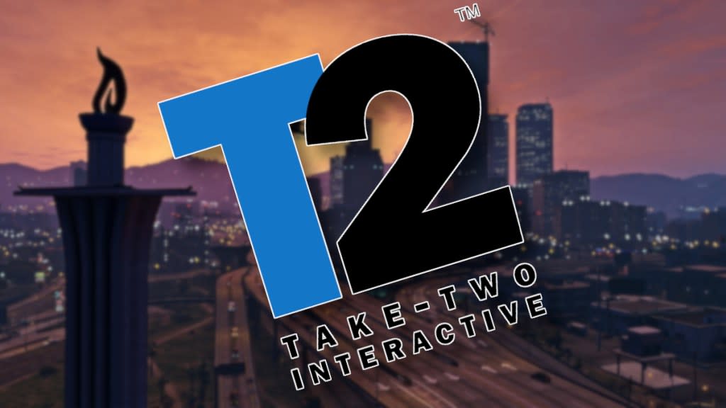 The Take-Two Interactive logo with a GTA 5 skyline behind it.