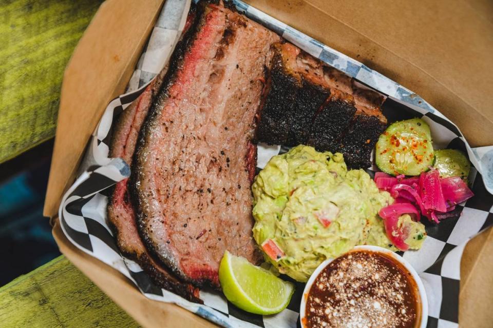USDA prime beef brisket with creamy guac and adobo barbecue sauce from Union Barbecue.