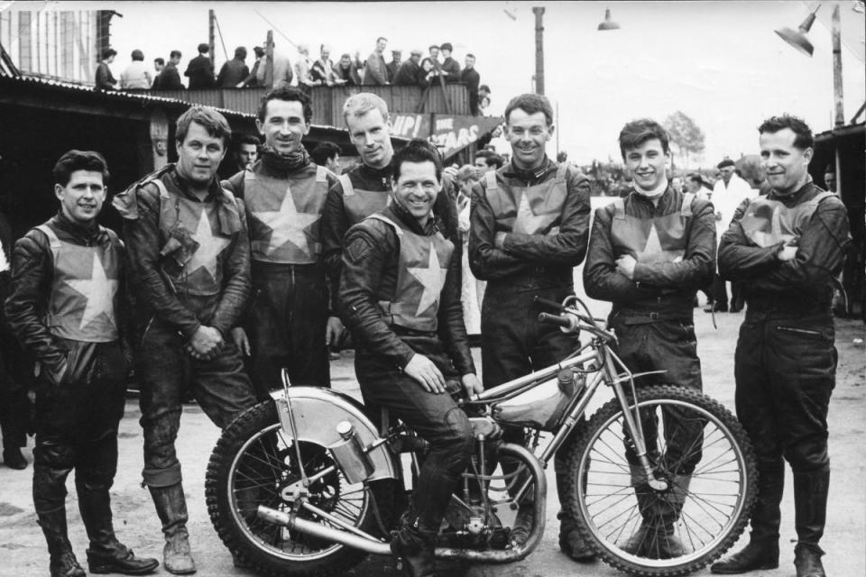 The 1964 Norwich Stars speedway team. From the left: Tich Read, Trevor Hedge, John Debbage, Reg Trott (on the bike), Ove Fundin, Sandor Levai, Olle Nygren and Billy Bales. &lt;i&gt;(Image: Mike Kemp Collection)&lt;/i&gt;