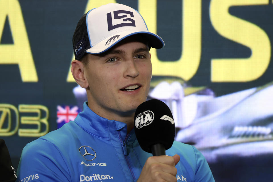 Williams driver Logan Sargeant of the US speaks during a press conference ahead of the Australian Formula One Grand Prix at Albert Park in Melbourne, Thursday, March 30, 2023. (AP Photo/Asanka Brendon Ratnayake)