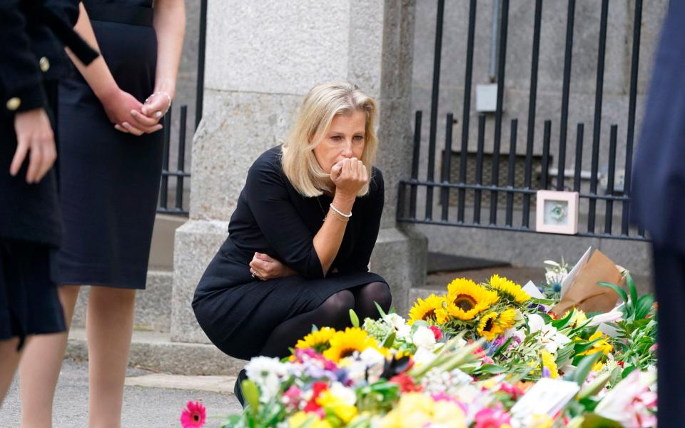 Sophie, Countess of Wessex views the messages and floral tributes left by members of the public at Balmoral - Owen Humphreys 