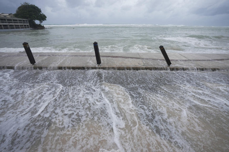 The sea floods the street after Hurricane Beryl passed through St. Lawrence, Barbados, July 1, 2024. (AP Photo/Ricardo Mazalan)