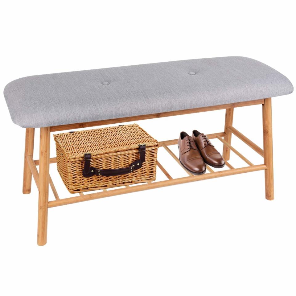 Bamboo Upholstered Bench (With Built-In Shoe Storage)